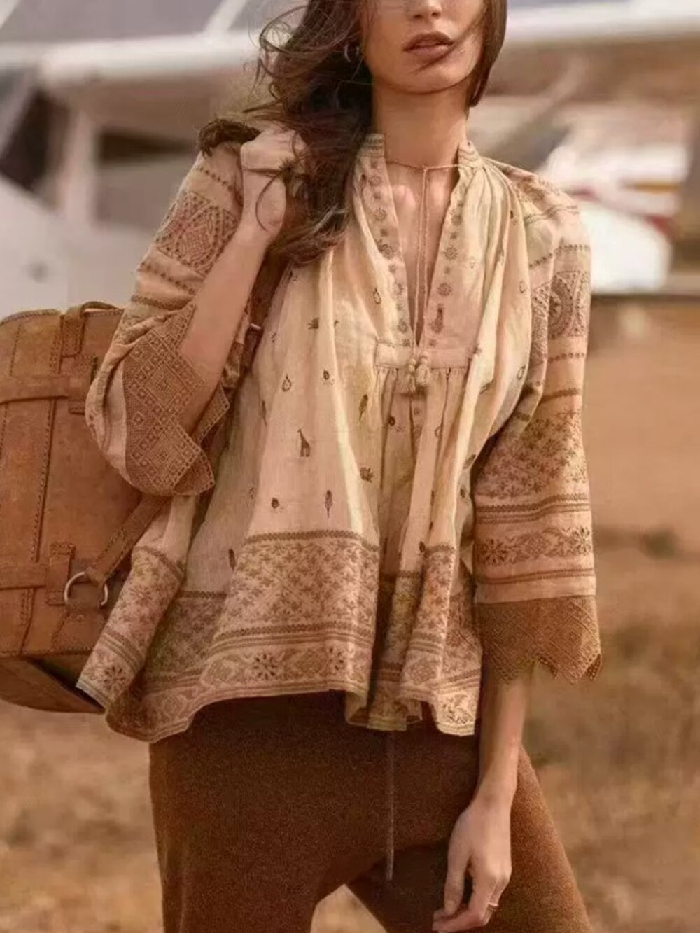 NWT Spell & The Gypsy Muwala Embroidered Blouse Almond Beige Linen